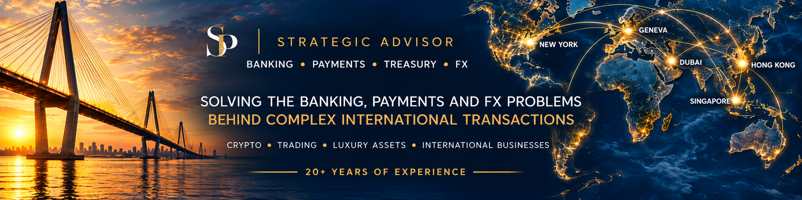Bannière SP Advisory : pont au coucher du soleil, carte du monde et connexions dorées. Conseil stratégique en banking, paiements, trésorerie et change ; plus de 20 ans d’expérience.